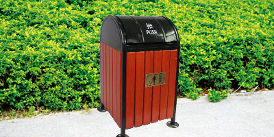 戶外推蓋鋼木單桶垃圾桶產(chǎn)品展示